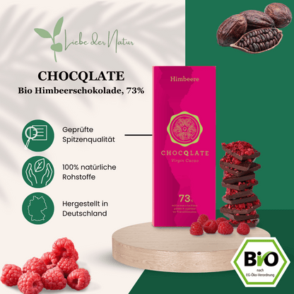 Chocqlate Bio Himbeerschokolade, 73%  für eine nachhaltige Ernährung, geprüfte Spitzenqualität, 100% natürliche Rohstoffe, Schokolade aus nur 3 Zutaten, hergestellt in Deutschland