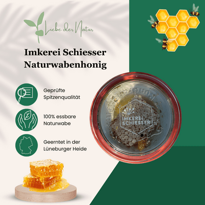 Imkerei Schiesser Naturwabenhonig, Scheibenhonig aus der Lüneburgerr Heide für eine nachhaltige Ernährung, geprüfte Spitzenqualität, 100% essbare Naturwabe