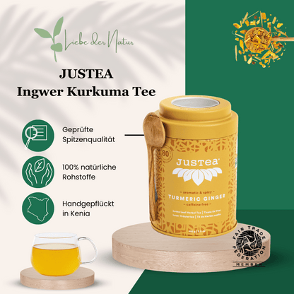 Justea Ingwer Kurkuma Tee, geprüfte Spitzenqualität, Nachhaltig, Fairtrade, handgepflückt in Kenia 