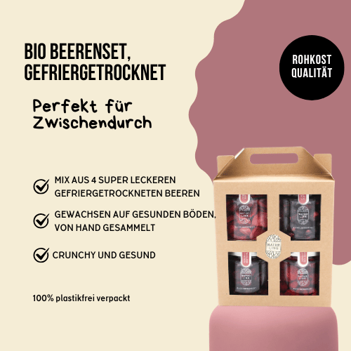 für Zwischendurch in Rohkostqualität. Der Mix aus 4 Beeren, gewachsen auf gesunden Böden und von Hand gesammelt sind sowohl crunchy als auch gesund. Dazu zu 100% plastikfrei verpackt.