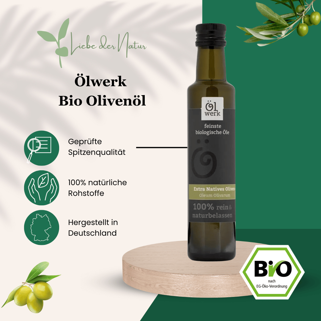 Ölwerk Bio Olivenöl, extra nativ, geprüfte Spitzenqualität, 100% rein und naturbelassen, ungefiltert, kaltgepresst in Deutschland