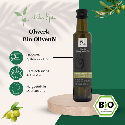 Ölwerk Bio Olivenöl, extra nativ, geprüfte Spitzenqualität, 100% rein und naturbelassen, ungefiltert, kaltgepresst in Deutschland