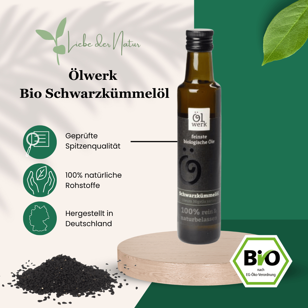 Ölwerk Bio Schwarzkümmelöl, nigella sativa, geprüfte Spitzenqualität, 100% rein und naturbelassen, ungefiltert, kaltgepresst in Deutschland